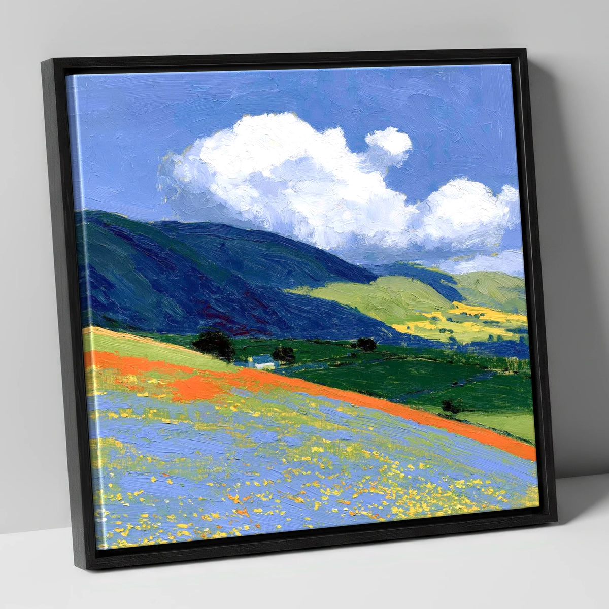 Rolling Fells Under Bright Clouds lake district fell canvas wall art in black frame