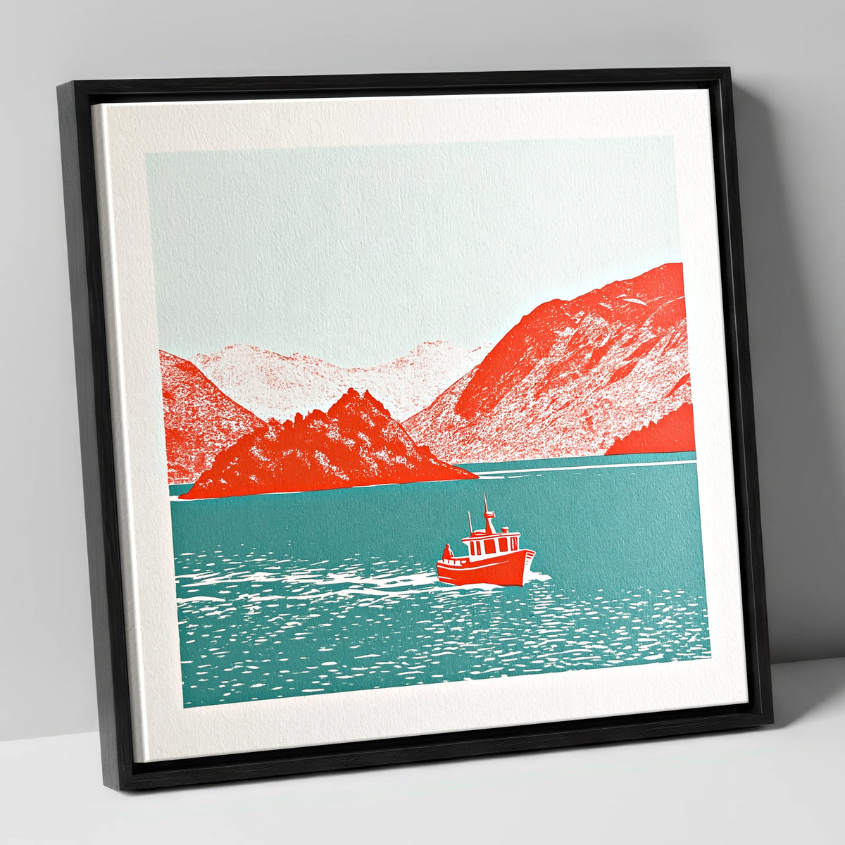 Red Boat on Teal Derwentwater lake district lake canvas wall art in black frame