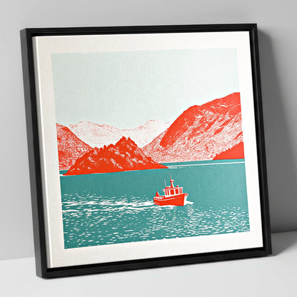 Red Boat on Teal Derwentwater lake district lake canvas wall art in black frame