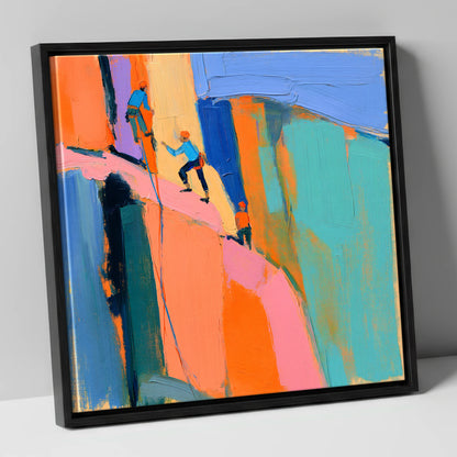 Vibrant Climbers on the Crag lake district walking canvas wall art in black frame