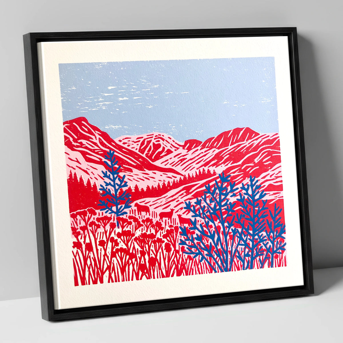 Vibrant Red Borrowdale Fells lake district valley canvas wall art in black frame