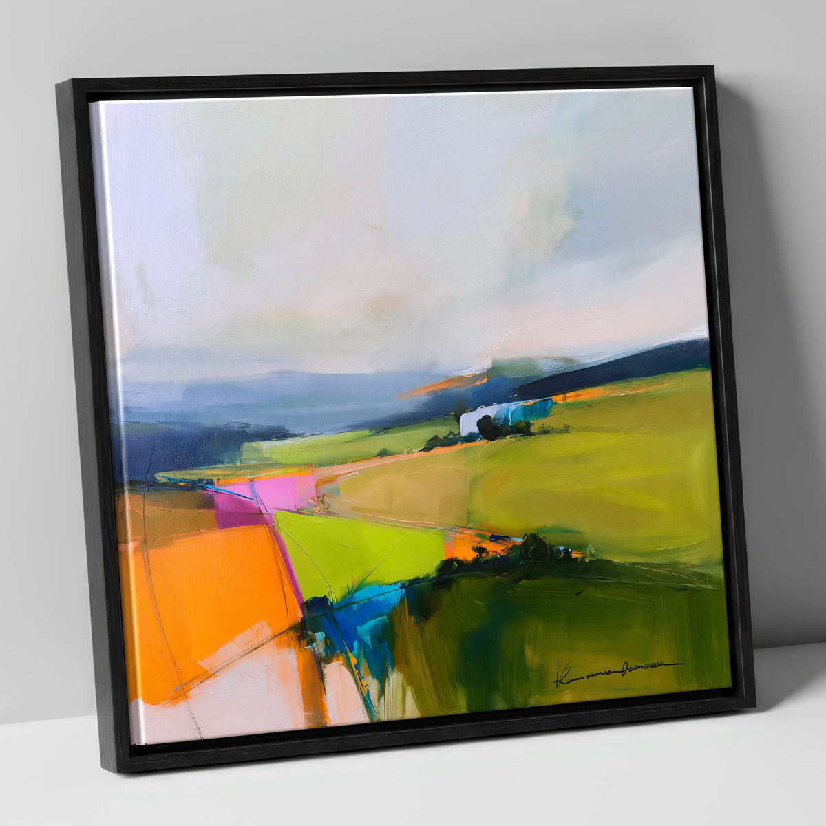 Vivid Patchwork Lakeland Dale lake district valley canvas wall art in black frame
