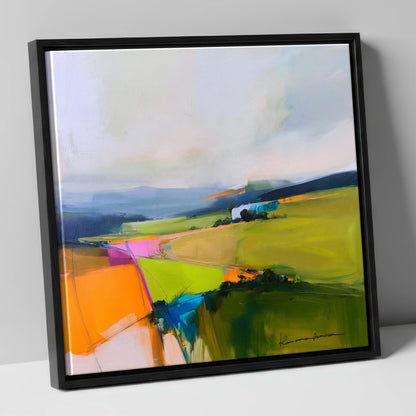 Vivid Patchwork Lakeland Dale lake district valley canvas wall art in black frame