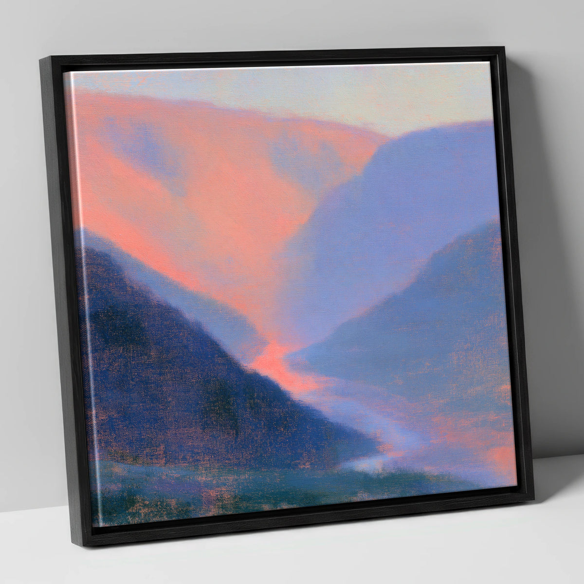 Winding River in Peach Twilight lake district waterfall canvas wall art in black frame
