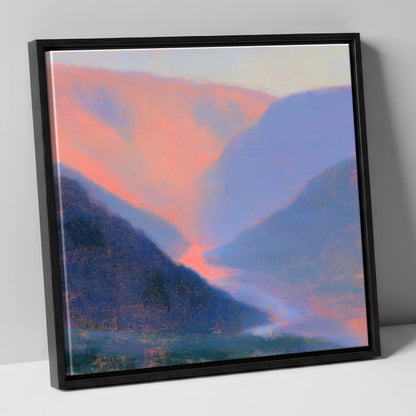 Winding River in Peach Twilight lake district waterfall canvas wall art in black frame