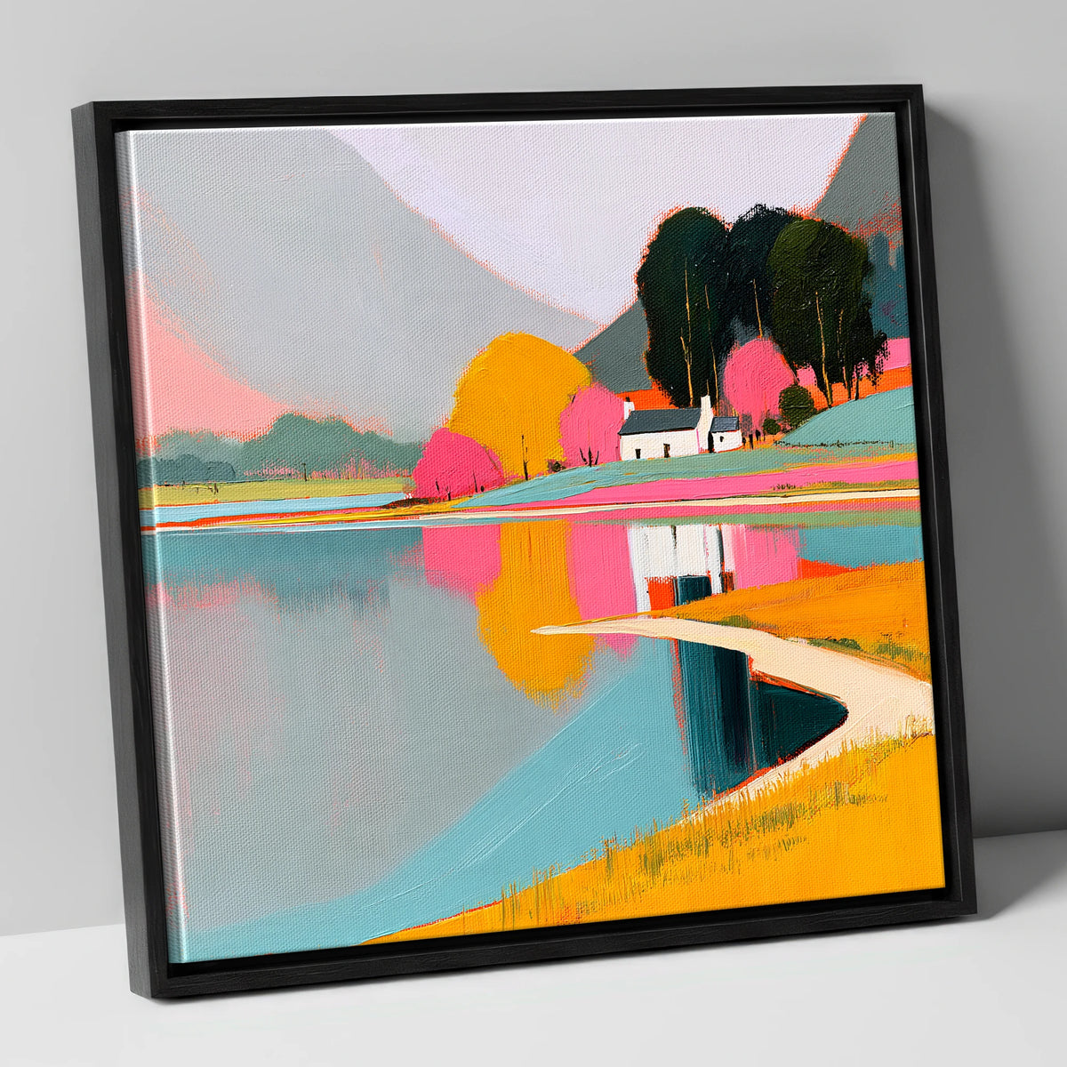Vibrant Cottage and Lake Reflections lake district lake canvas wall art in black frame