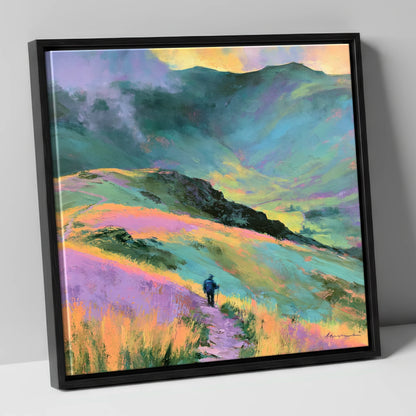 Lone Hiker on Pastel Fells lake district walking canvas wall art in black frame