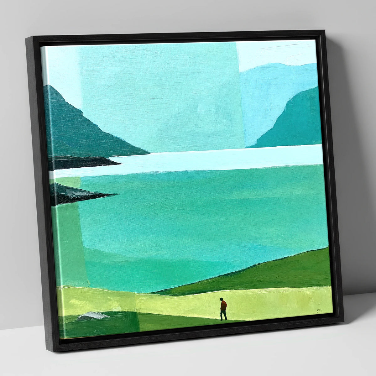 Teal Wastwater and Lone Walker lake district lake canvas wall art in black frame