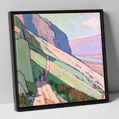 Textured Mountain Path With Walkers lake district walking canvas wall art in black frame