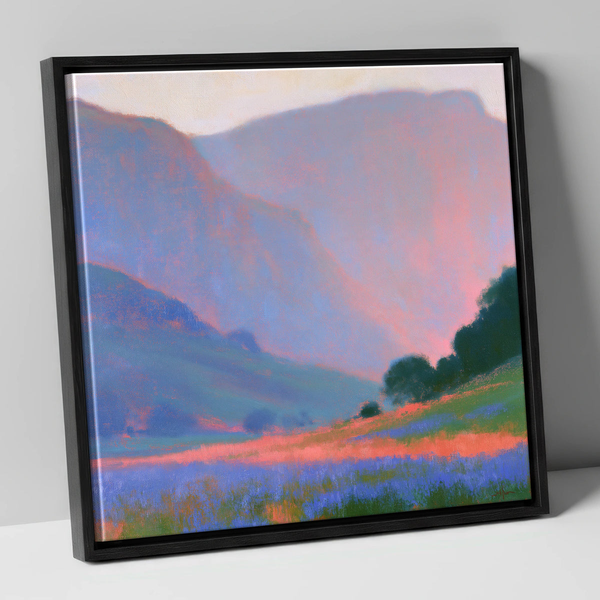 Pink Light Over Valley Fells lake district valley canvas wall art in black frame