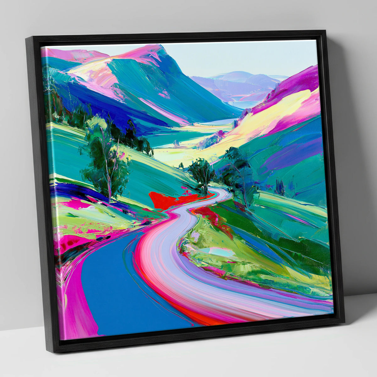 Vivid Winding Mountain Pass lake district valley canvas wall art in black frame