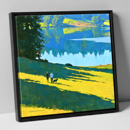 Sunlit Dog Walkers at Tarn Hows gifts for dog walkers canvas wall art in black frame