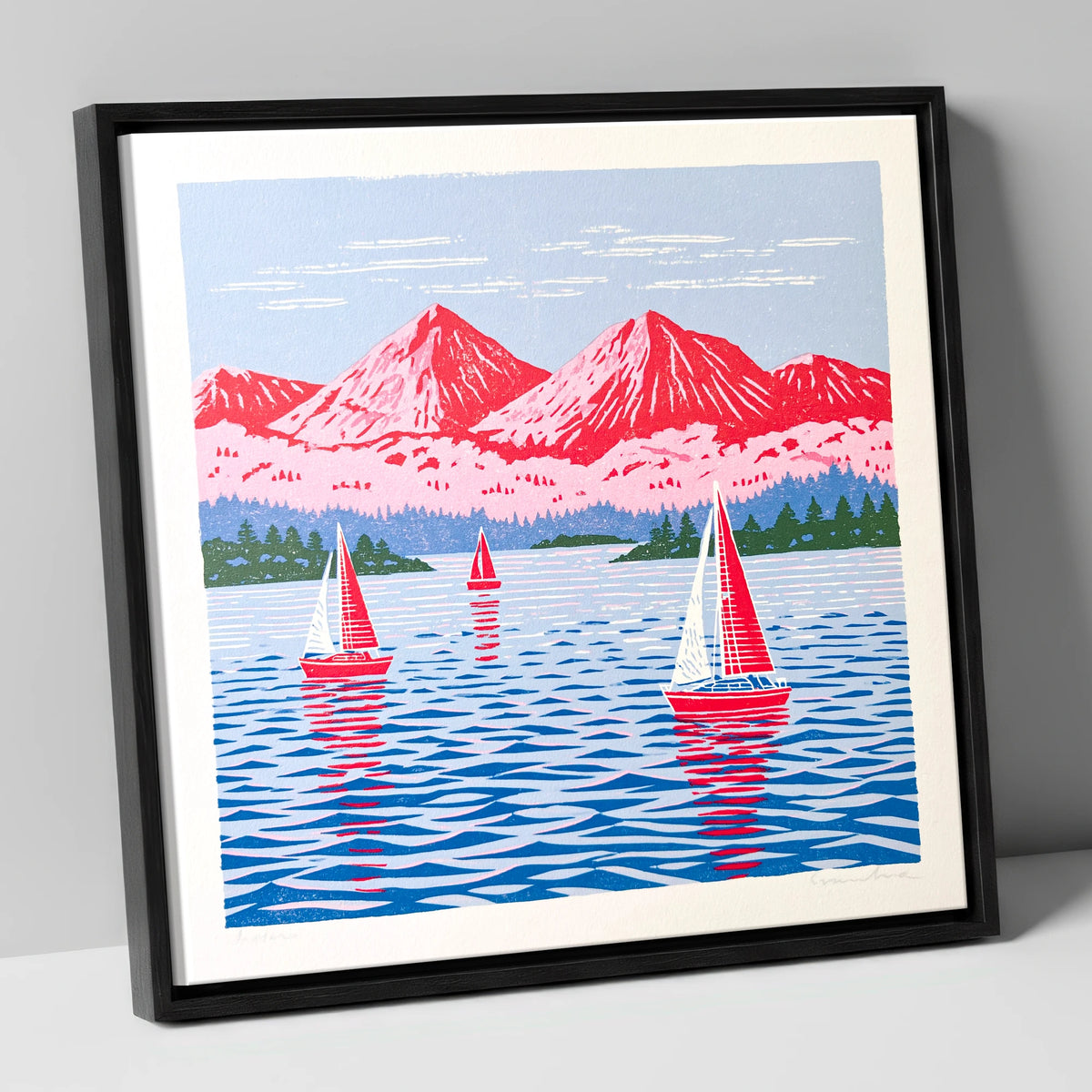 Windermere Sailboats Beneath Pink Fells lake district lake canvas wall art in black frame