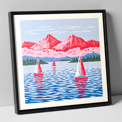 Windermere Sailboats Beneath Pink Fells lake district lake canvas wall art in black frame