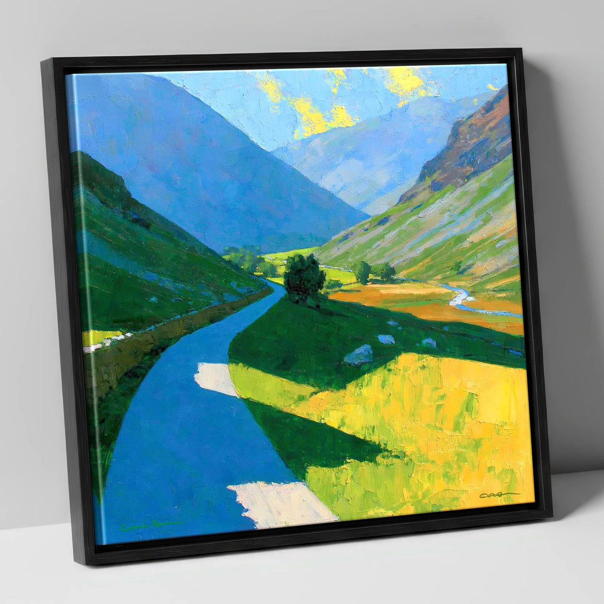 Winding Mountain Pass in Vivid Colour lake district valley canvas wall art in black frame