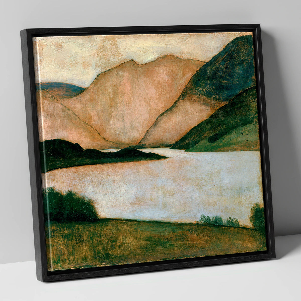 Lake And Fells In Warm Light lake district lake canvas wall art in black frame