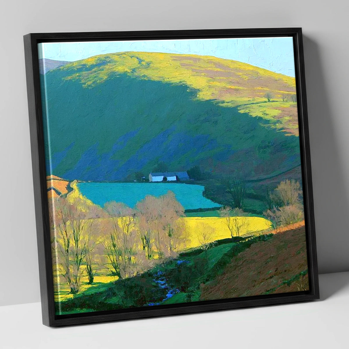 Vibrant Ling Fell Valley Farm lake district fell canvas wall art in black frame