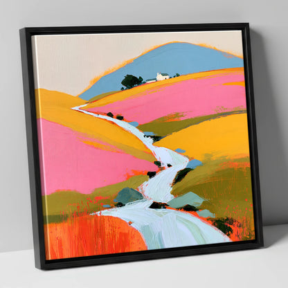Colourful Fellside Beck and Cottage lake district waterfall canvas wall art in black frame