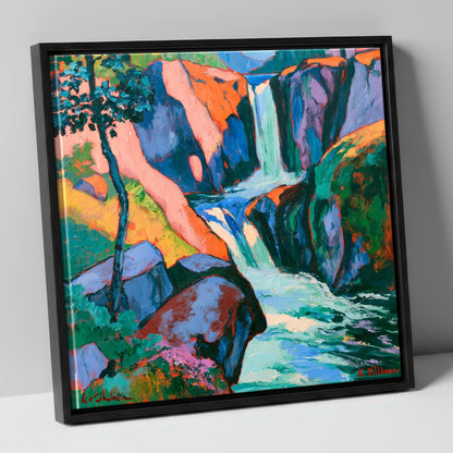 Vibrant Cascading Fellside Waterfall lake district waterfall canvas wall art in black frame