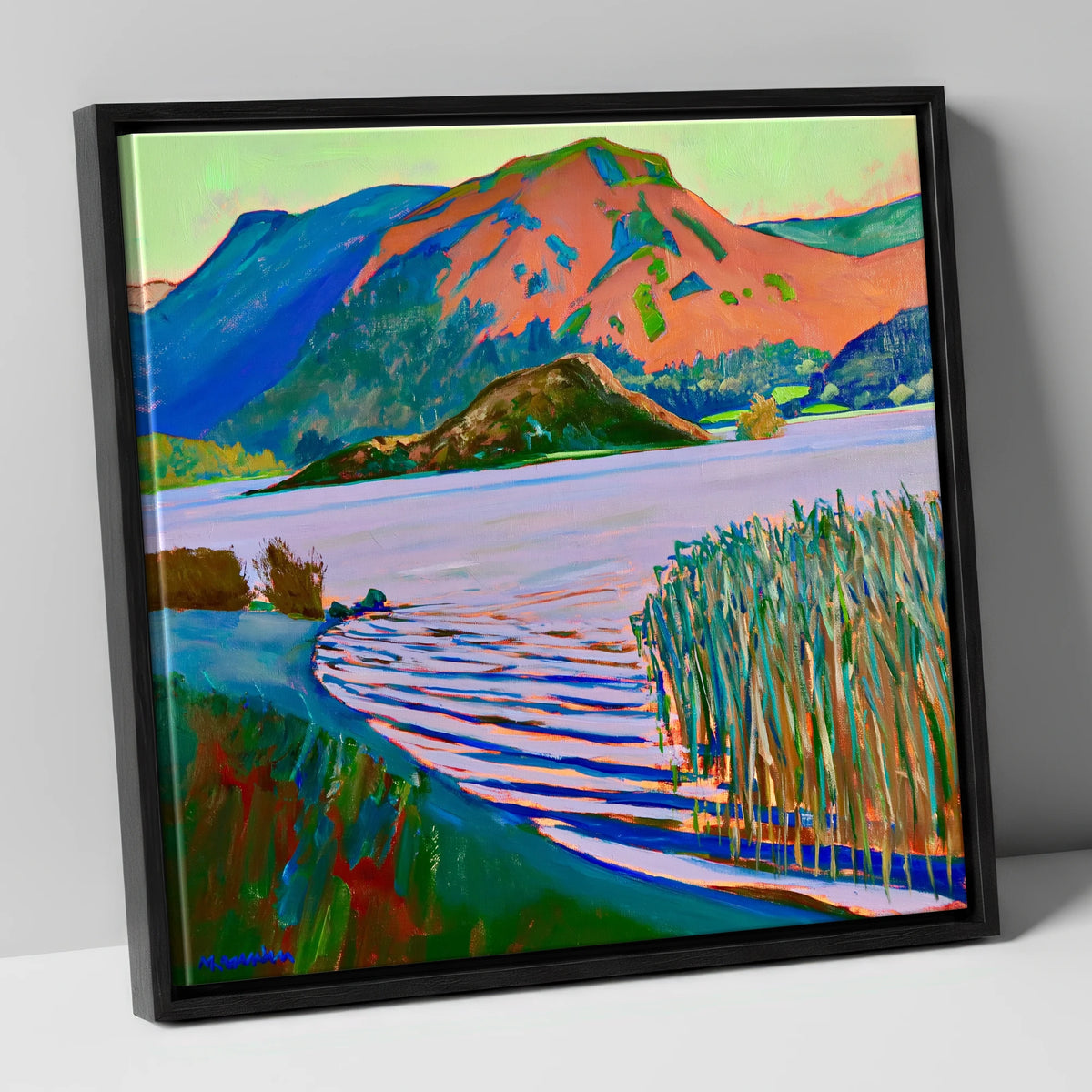 Grasmere Reeds and Vibrant Fells lake district lake canvas wall art in black frame
