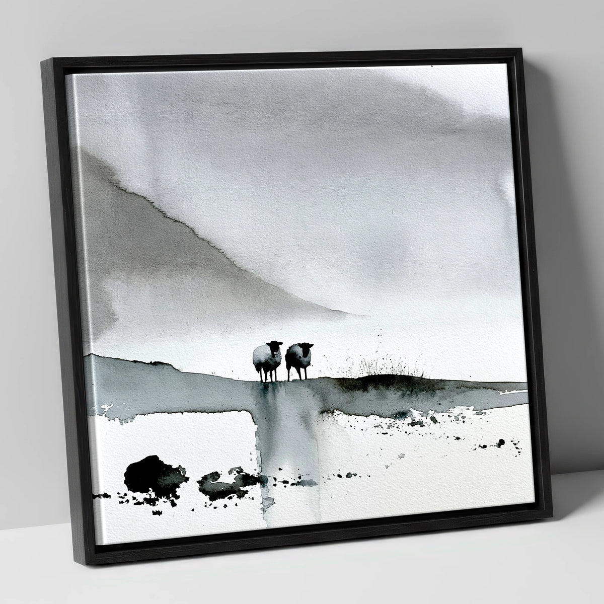Monochrome Herdwick Sheep on Fellside lake district wildlife canvas wall art in black frame