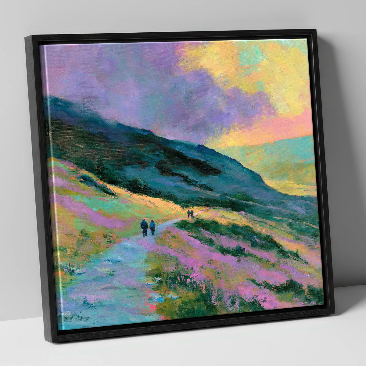 Walkers on Pastel Mountain Path lake district walking canvas wall art in black frame