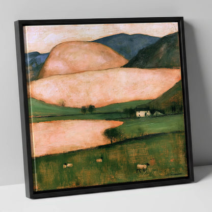 Peach Fells And Valley Farm lake district sky canvas wall art in black frame