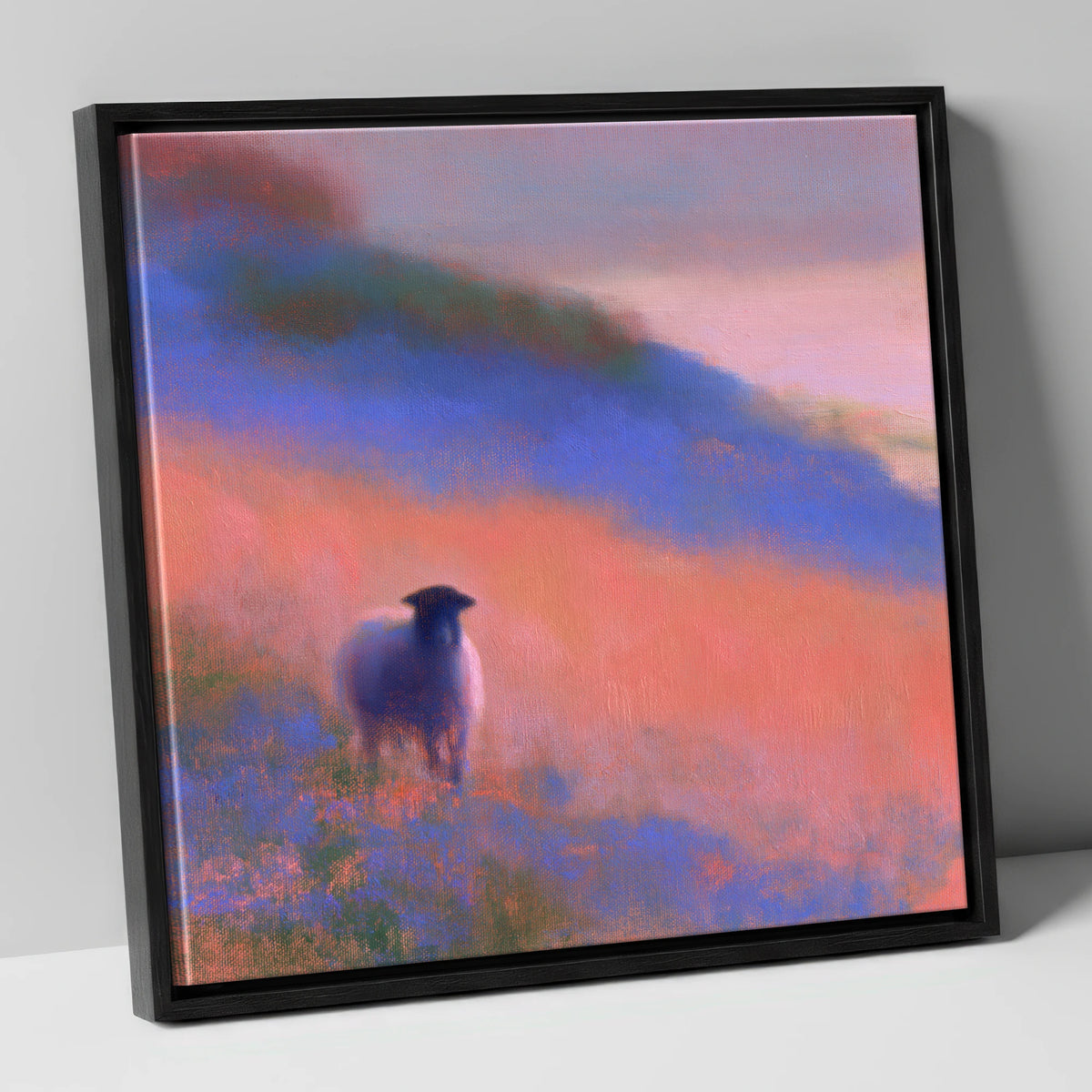 Herdwick Sheep in Twilight Mist lake district wildlife canvas wall art in black frame