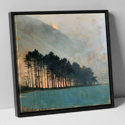Silhouetted Pines at Buttermere lake district lake canvas wall art in black frame