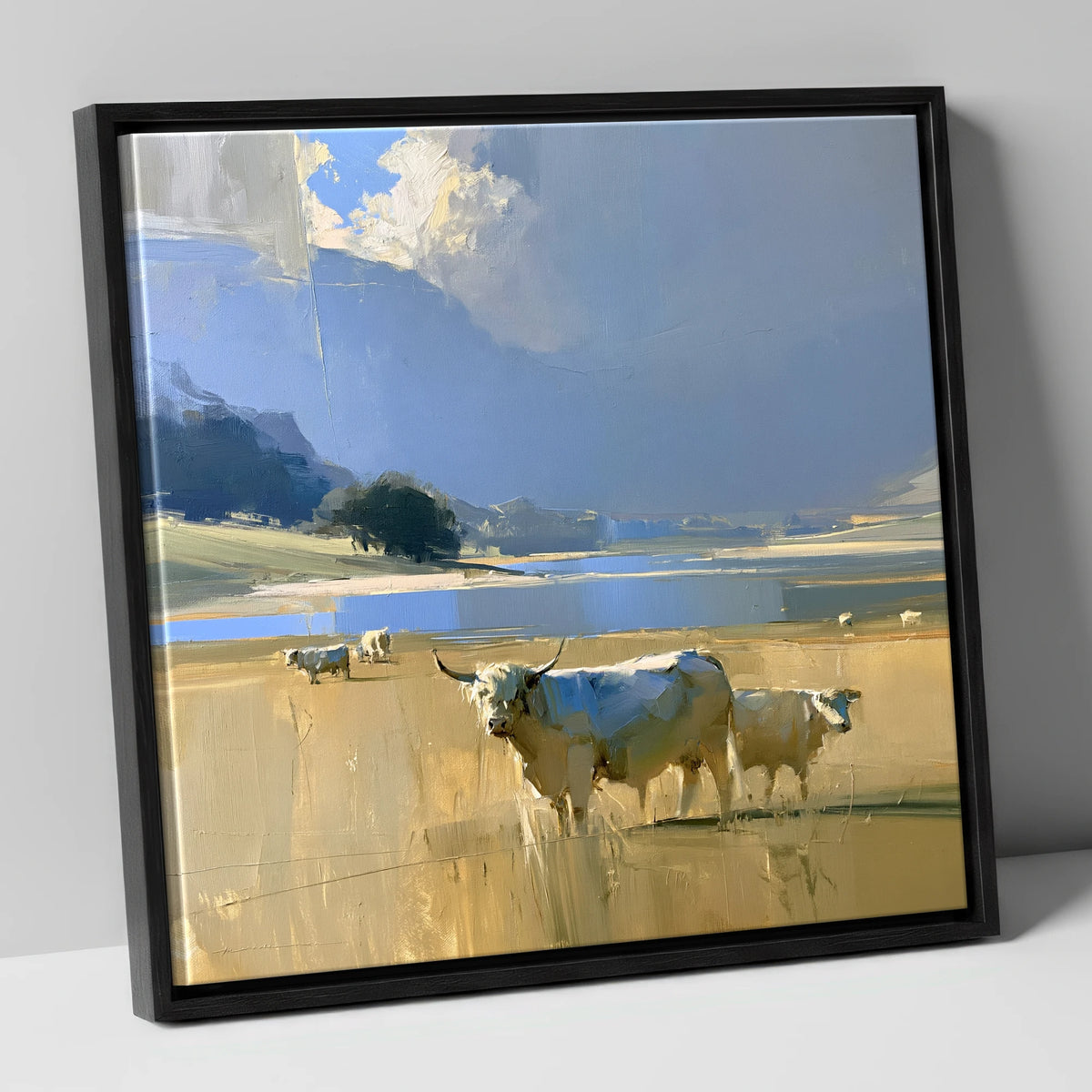 Highland Cattle Before Moody Fells lake district wildlife canvas wall art in black frame