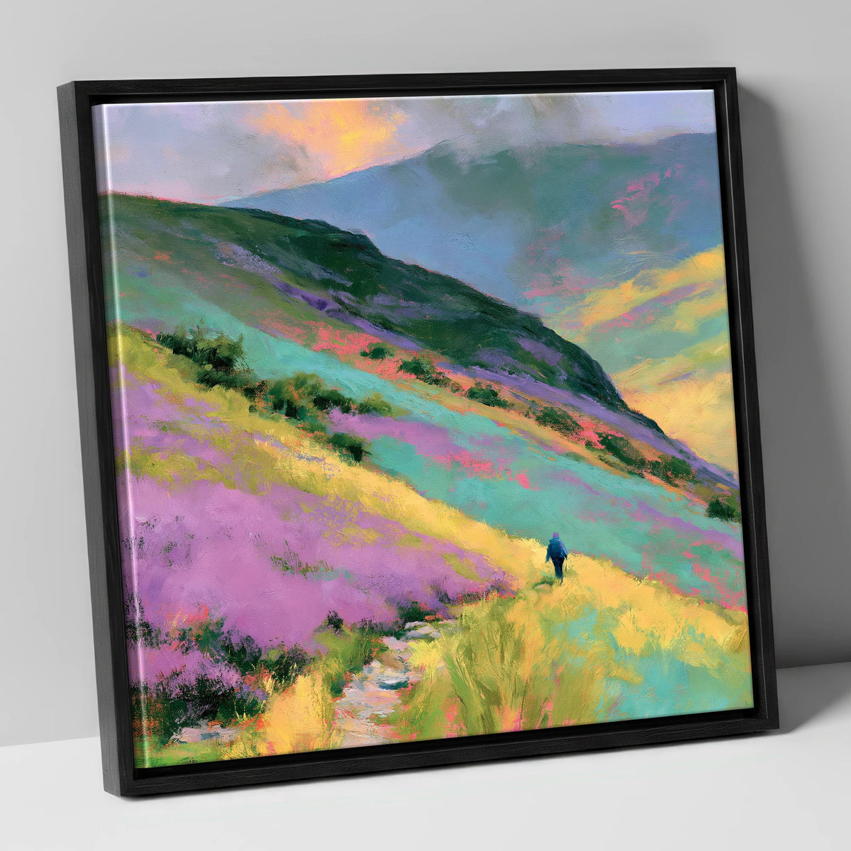 Lone Walker on Vivid Fells lake district walking canvas wall art in black frame