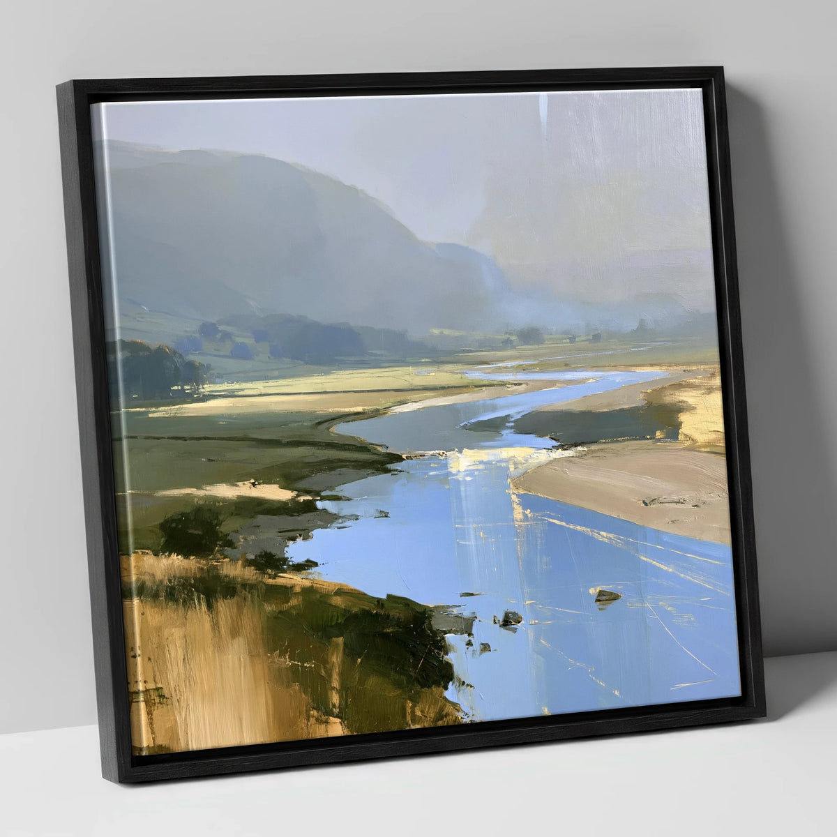 Winding River and Hazy Fells lake district waterfall canvas wall art in black frame