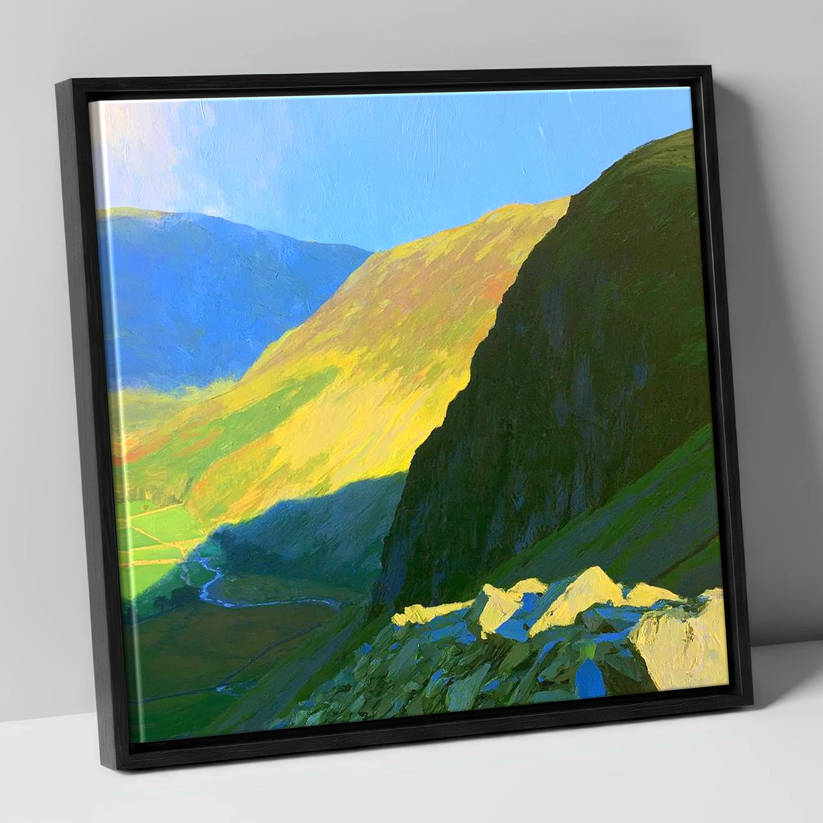 Sunlit Tarn Crag and Valley lake district fell canvas wall art in black frame