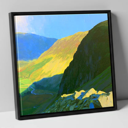 Sunlit Tarn Crag and Valley lake district fell canvas wall art in black frame