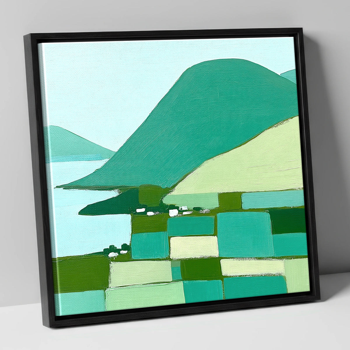 Geometric Greens of Glenridding Village lake district village canvas wall art in black frame