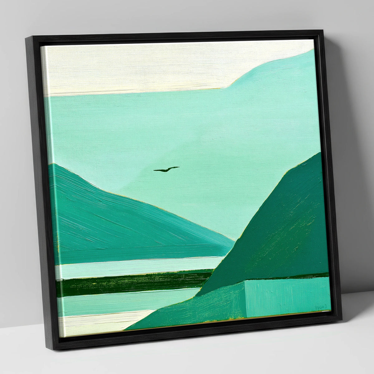 Teal Dawn Mist in Borrowdale lake district sky canvas wall art in black frame