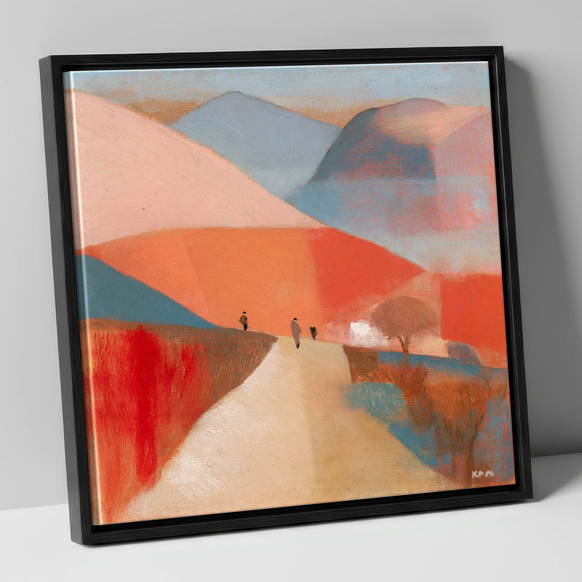 Walkers on a Coral Mountain Path lake district walking canvas wall art in black frame