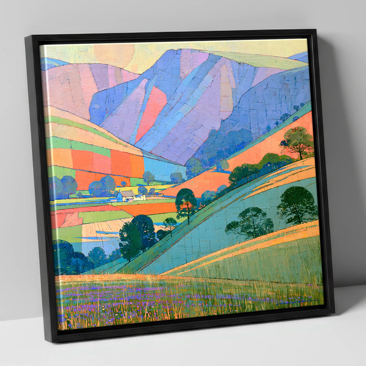 Vibrant Patchwork Fells at Evening lake district sky canvas wall art in black frame