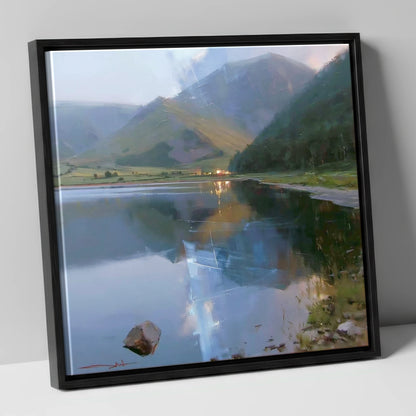 Evening Reflections on Loweswater lake district lake canvas wall art in black frame