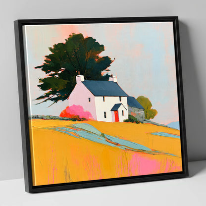 White Stone Cottage in Golden Fields lake district village canvas wall art in black frame