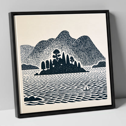 Derwentwater Island in Deep Navy lake district lake canvas wall art in black frame