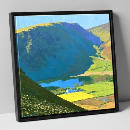 High Seat Over Vibrant Fields lake district fell canvas wall art in black frame