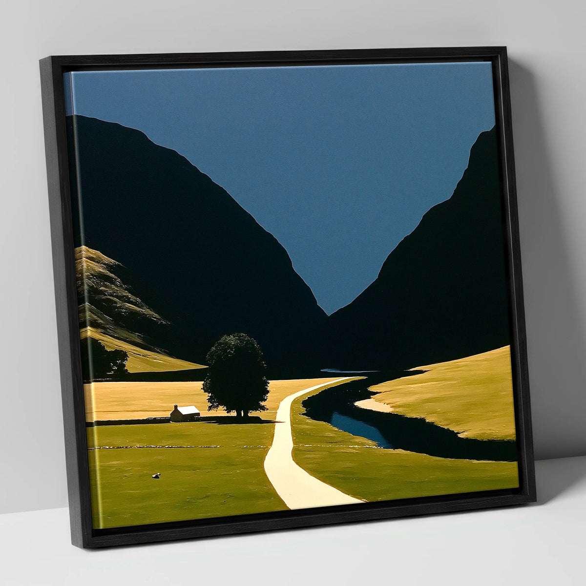 River Winding Through Dark Fells lake district waterfall canvas wall art in black frame