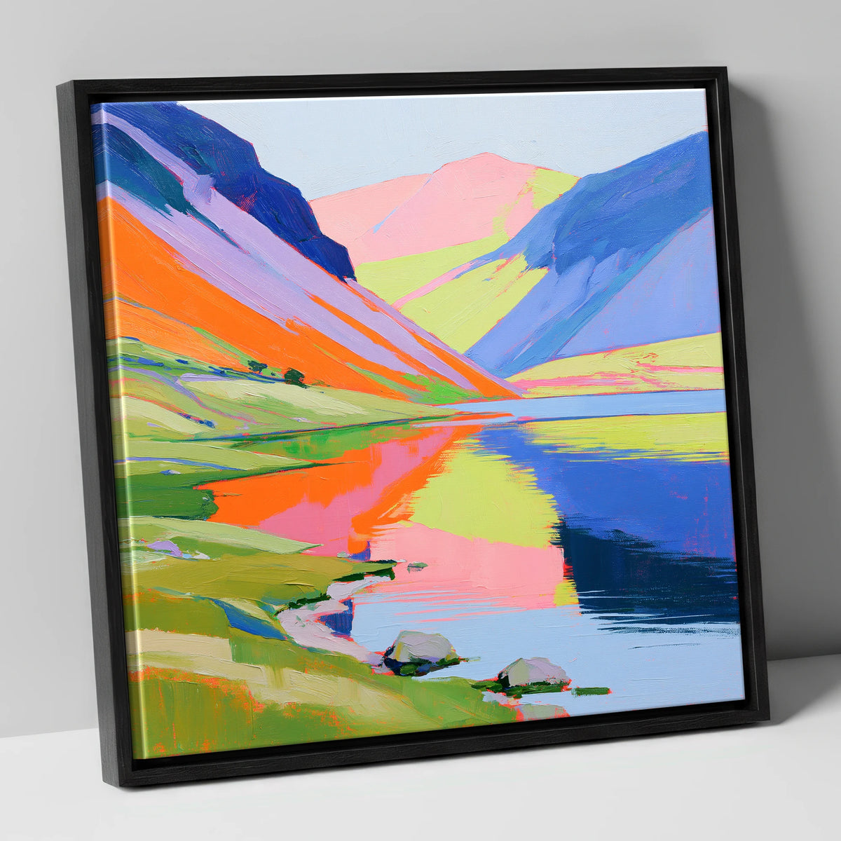 Lake Reflections in Bold Colour lake district lake canvas wall art in black frame