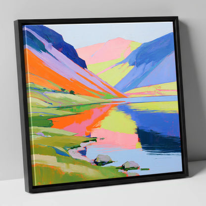 Lake Reflections in Bold Colour lake district lake canvas wall art in black frame