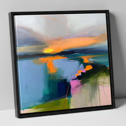 Abstract Sunset Over Lake Water lake district lake canvas wall art in black frame