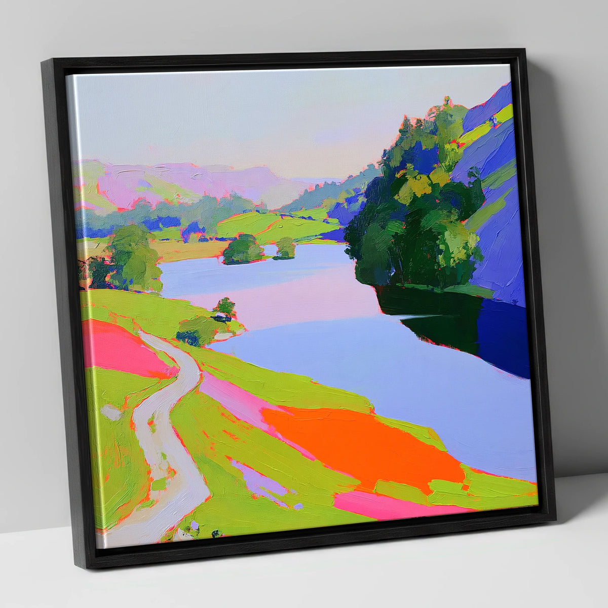 Vibrant Path by Rydal Water lake district lake canvas wall art in black frame
