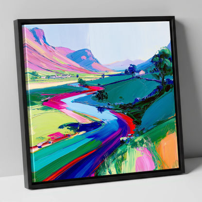 Vivid Winding River Through Fells lake district waterfall canvas wall art in black frame