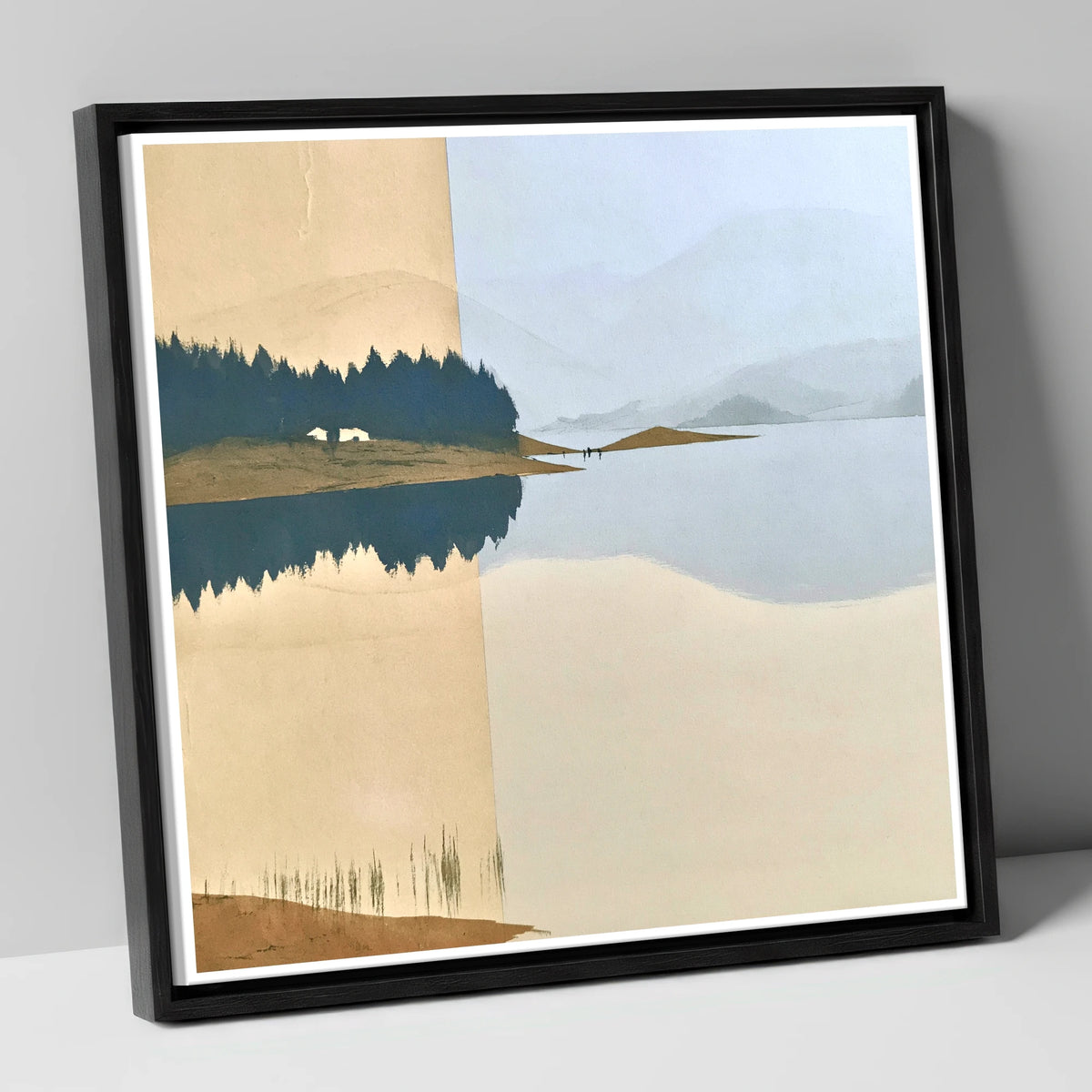 Slate Blue Lake Dawn Reflection lake district lake canvas wall art in black frame