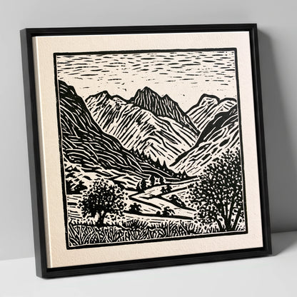 Eskdale Valley in Monochrome lake district valley canvas wall art in black frame